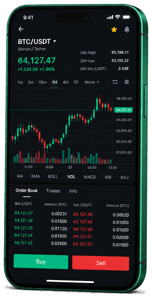 Montaris Lucendra app móvil de trading — cotización BTC/USDT en directo, profundidad de mercado y panel de órdenes